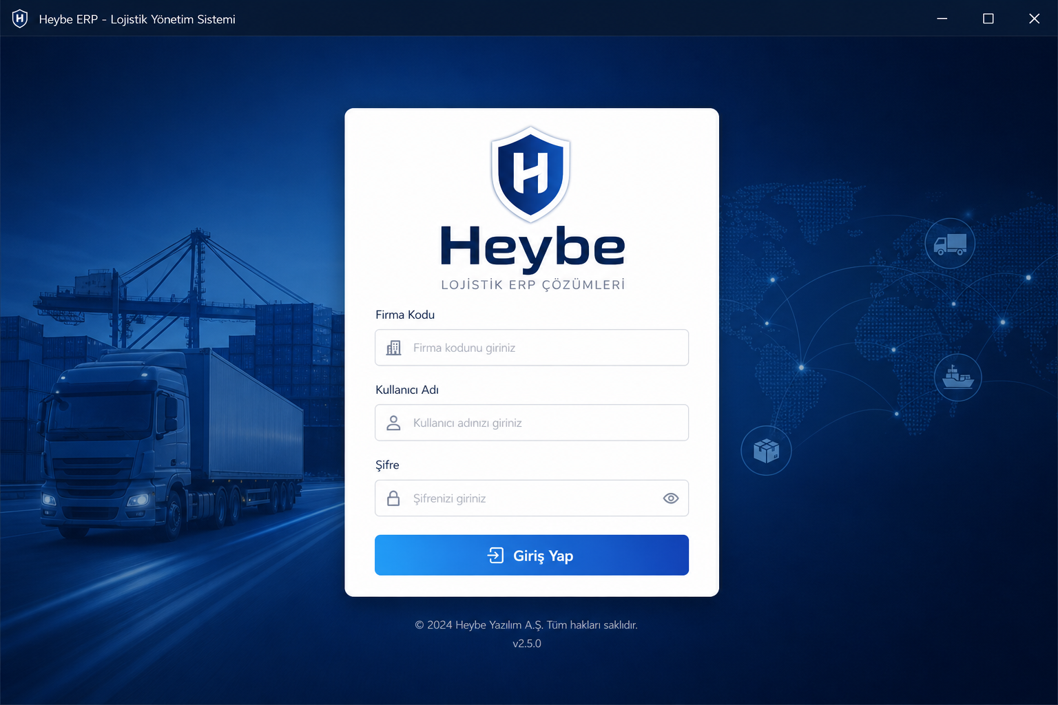 Heybe ERP giriş ekranı — firma kodu, kullanıcı adı ve şifre alanları