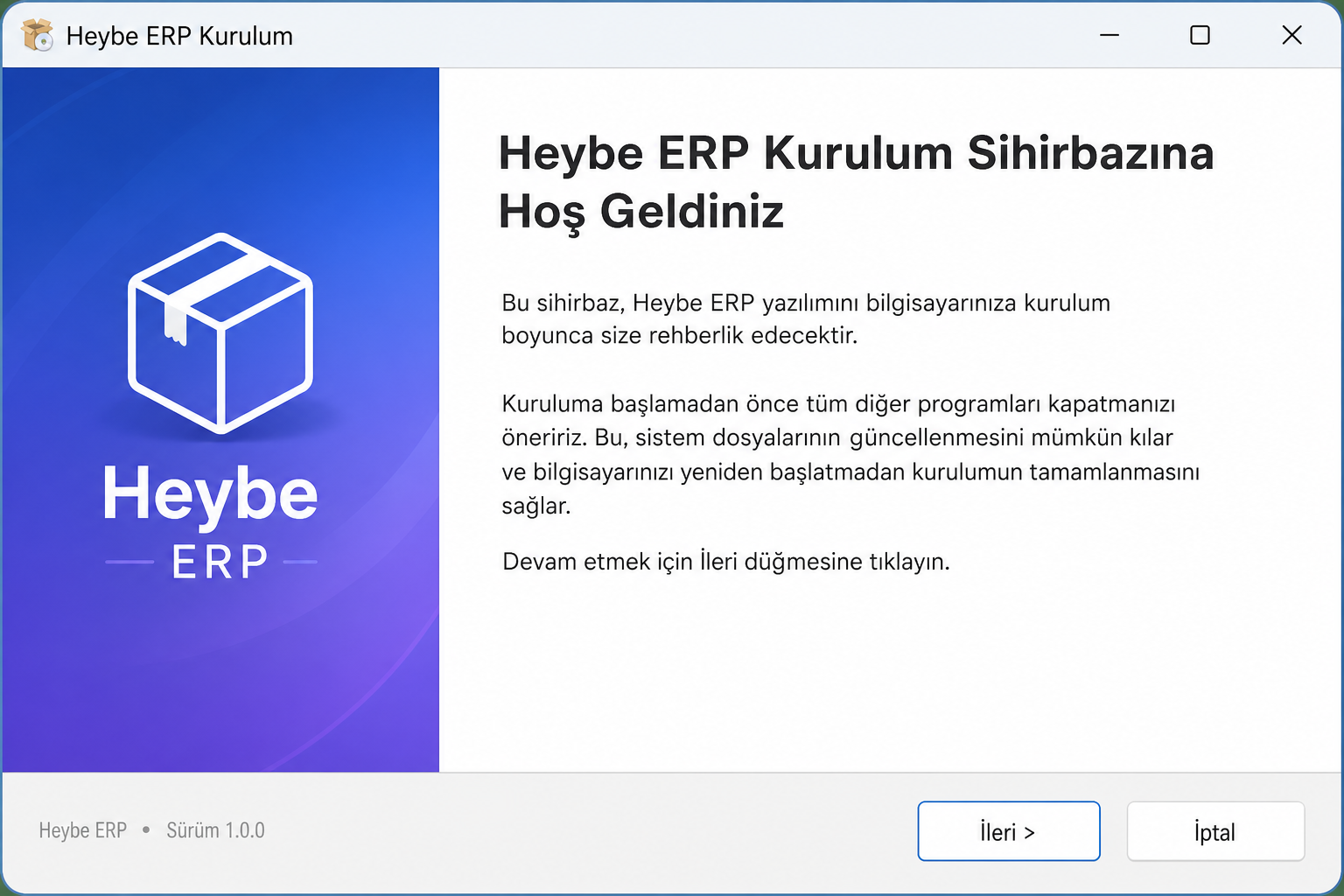 Heybe ERP kurulum sihirbazı hoş geldiniz ekranı