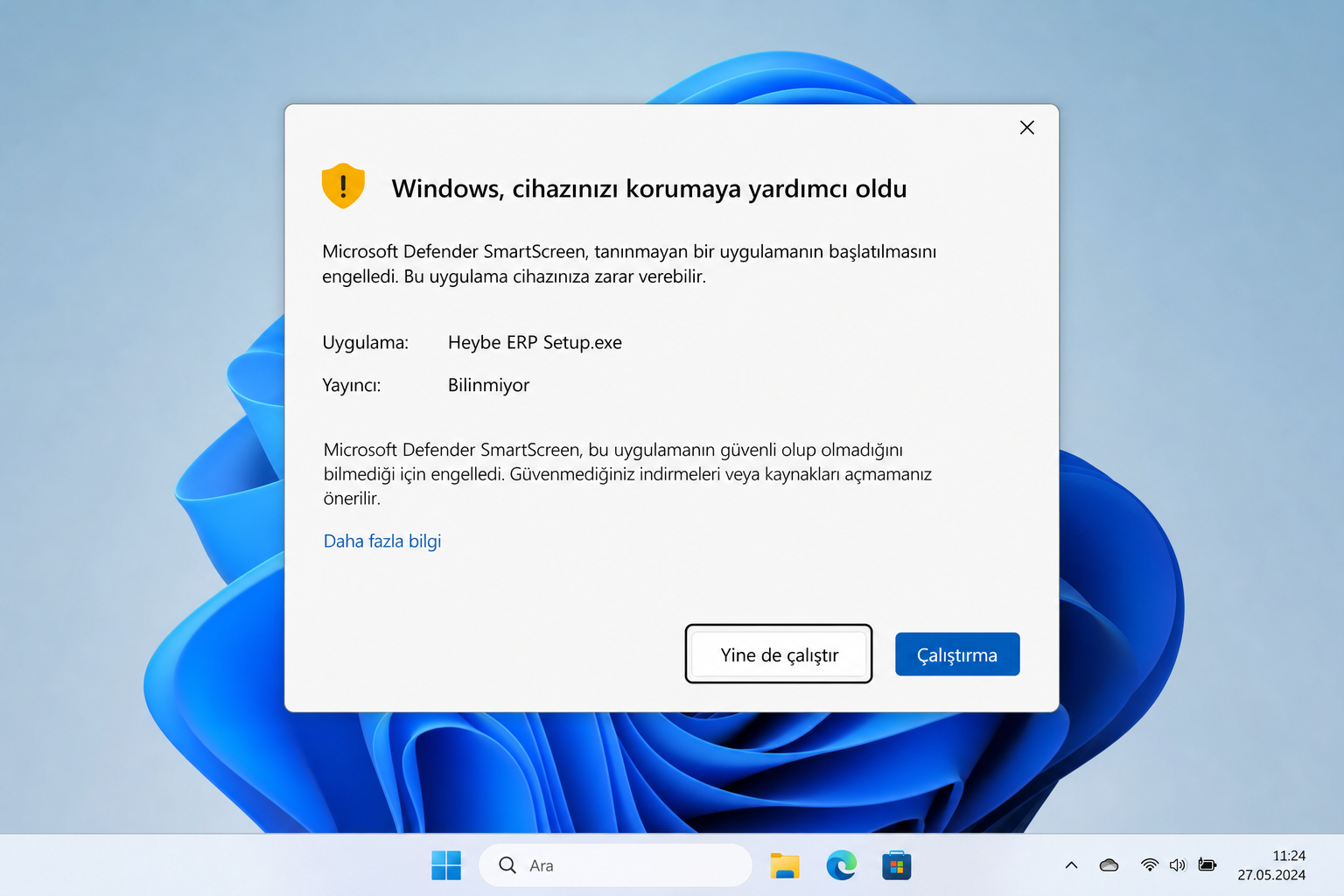 Windows SmartScreen — Yine de çalıştır düğmesi görünür hâlde