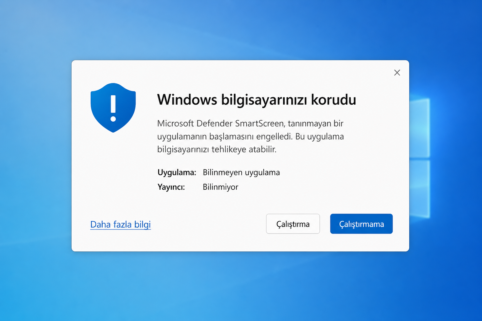 Windows SmartScreen — Windows bilgisayarınızı korudu ekranı, altta Daha fazla bilgi bağlantısı